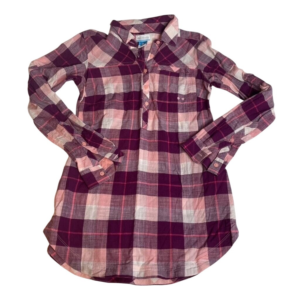 Columbia Womens Purple Pink Plaid Cotton Henley Tunic Shirt Small RN69724